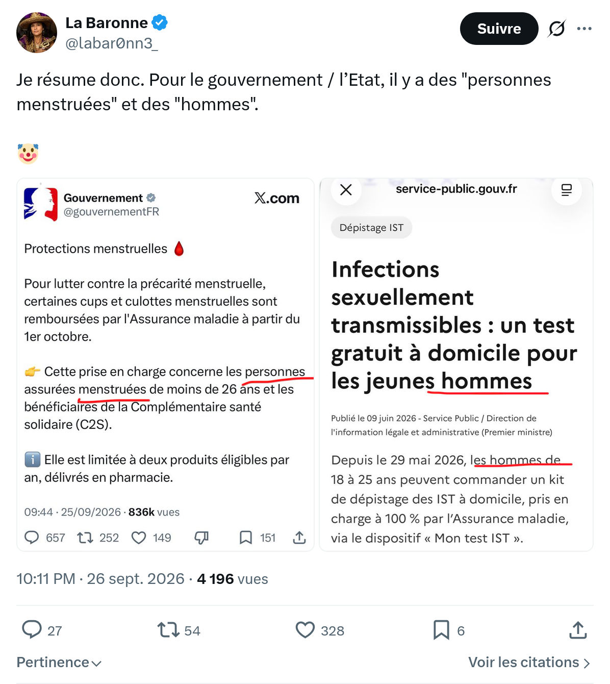 La Baronne: Je résume donc. Pour le gouvernement...