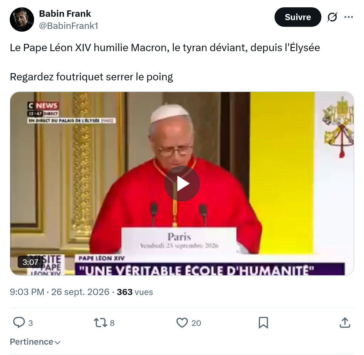 Frank Babin: Le Pape Léon XIV humilie Macron...