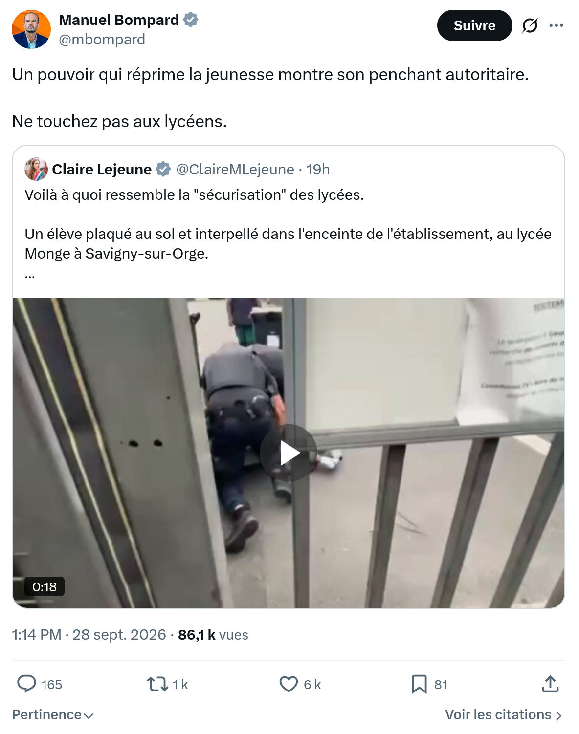 Manuel Bompard: Un pouvoir qui réprime...