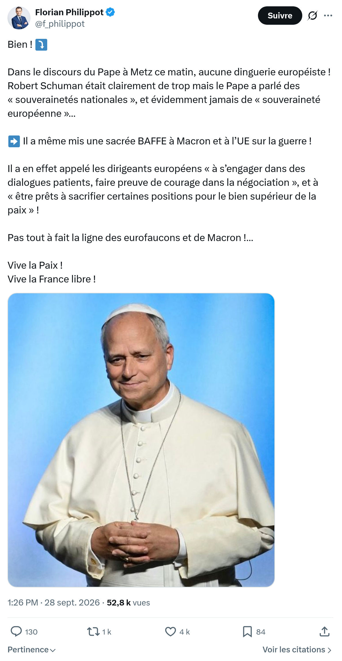 Florian Philippot: Dans le discours du Pape à Metz...