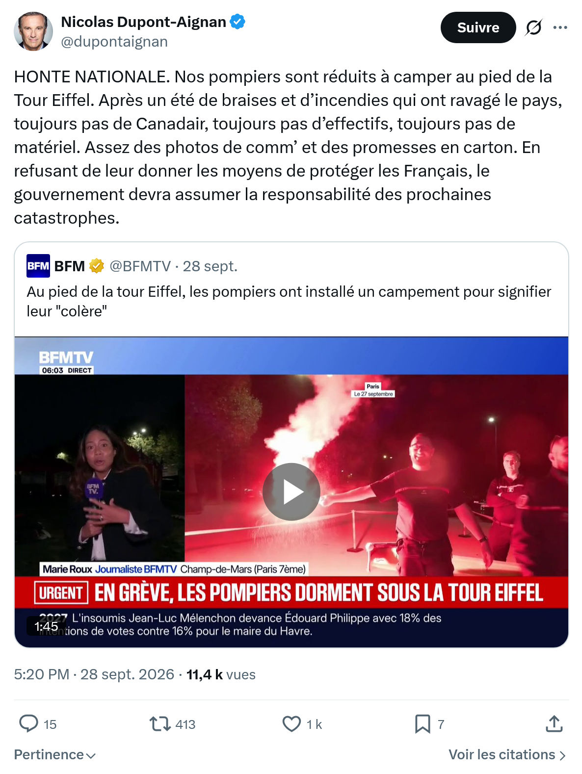 Nicolas Dupont-Aignan: HONTE NATIONALE. Nos pompiers...