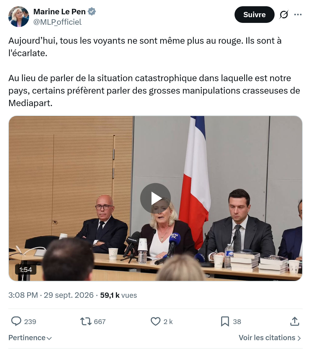 Marine Le Pen: Aujourd’hui, tous les voyants...