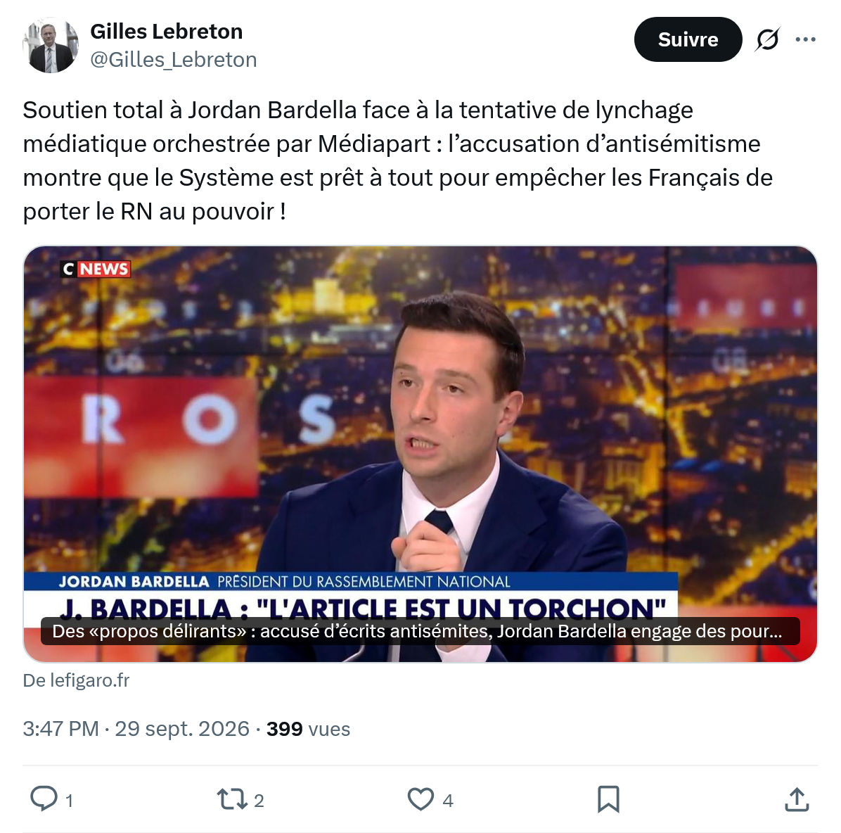 Gilles Lebreton: Soutien total à Jordan Bardella...