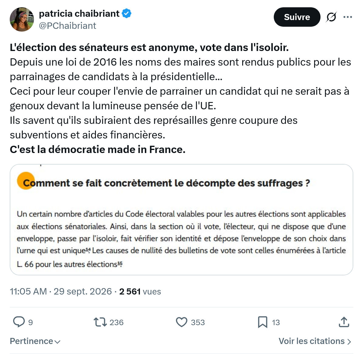 Patricia Chaibriant: L'élection des sénateurs est anonyme...