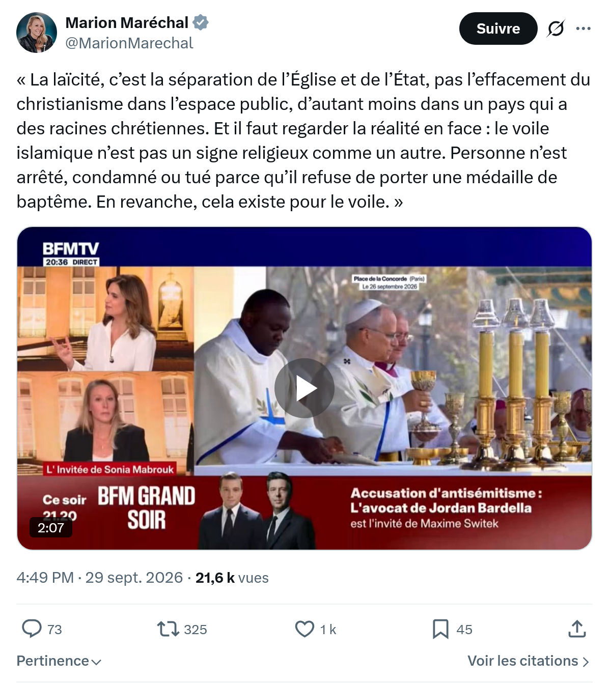 Marion Maréchal- Le Pen: « La laïcité, c’est la séparation...