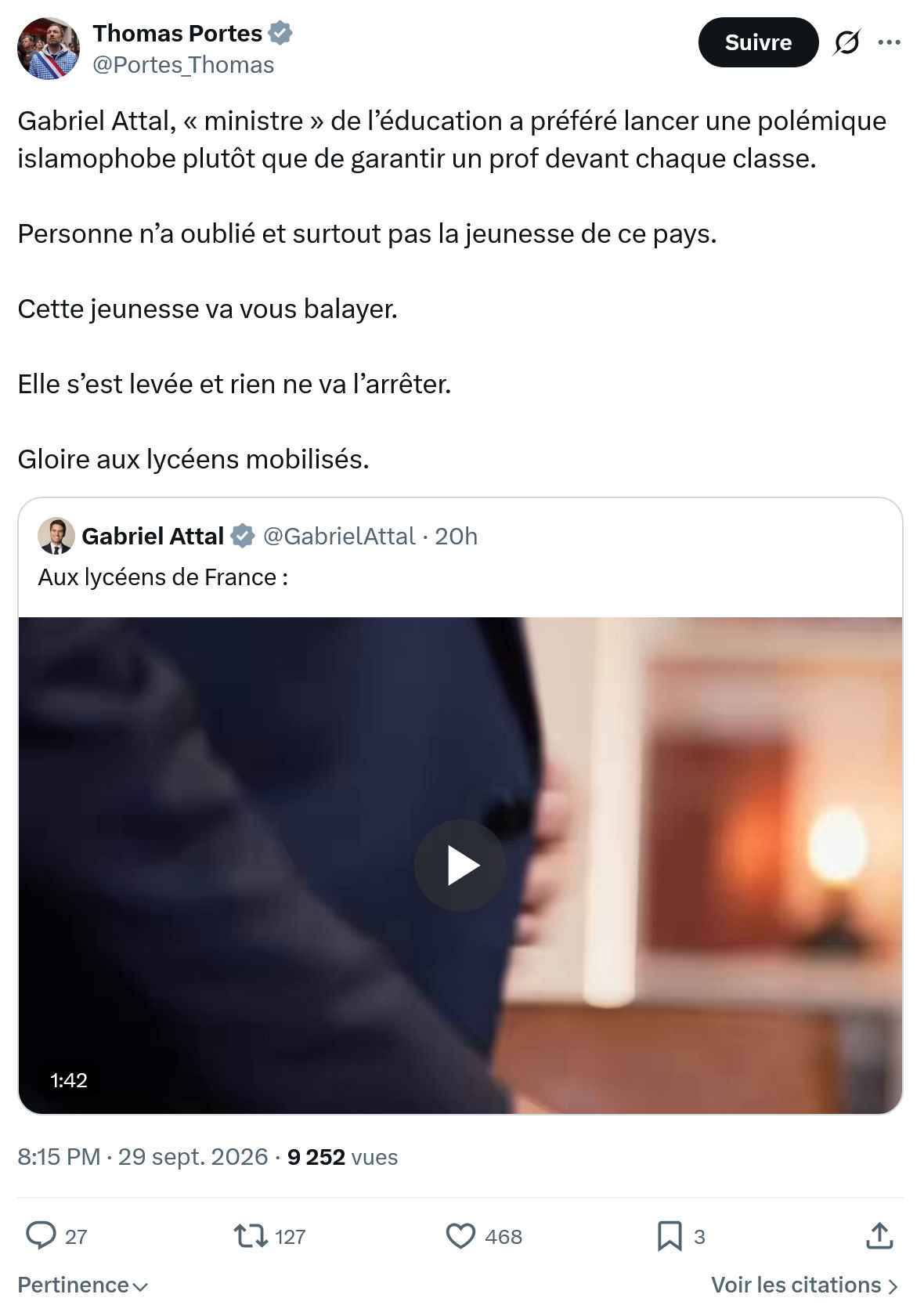 Thomas Portes: Gabriel Attal, « ministre »...
