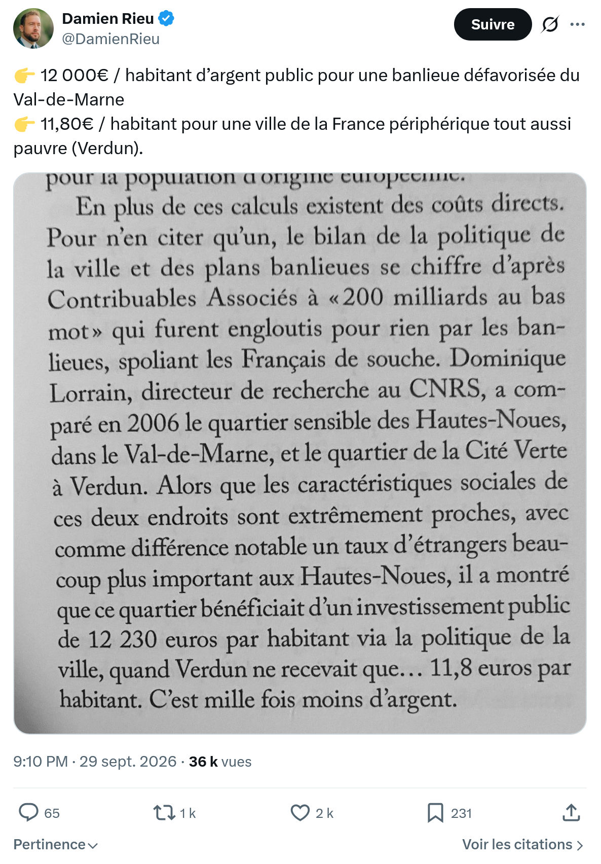 Damien Rieu: 12 000€ / habitant d’argent public...