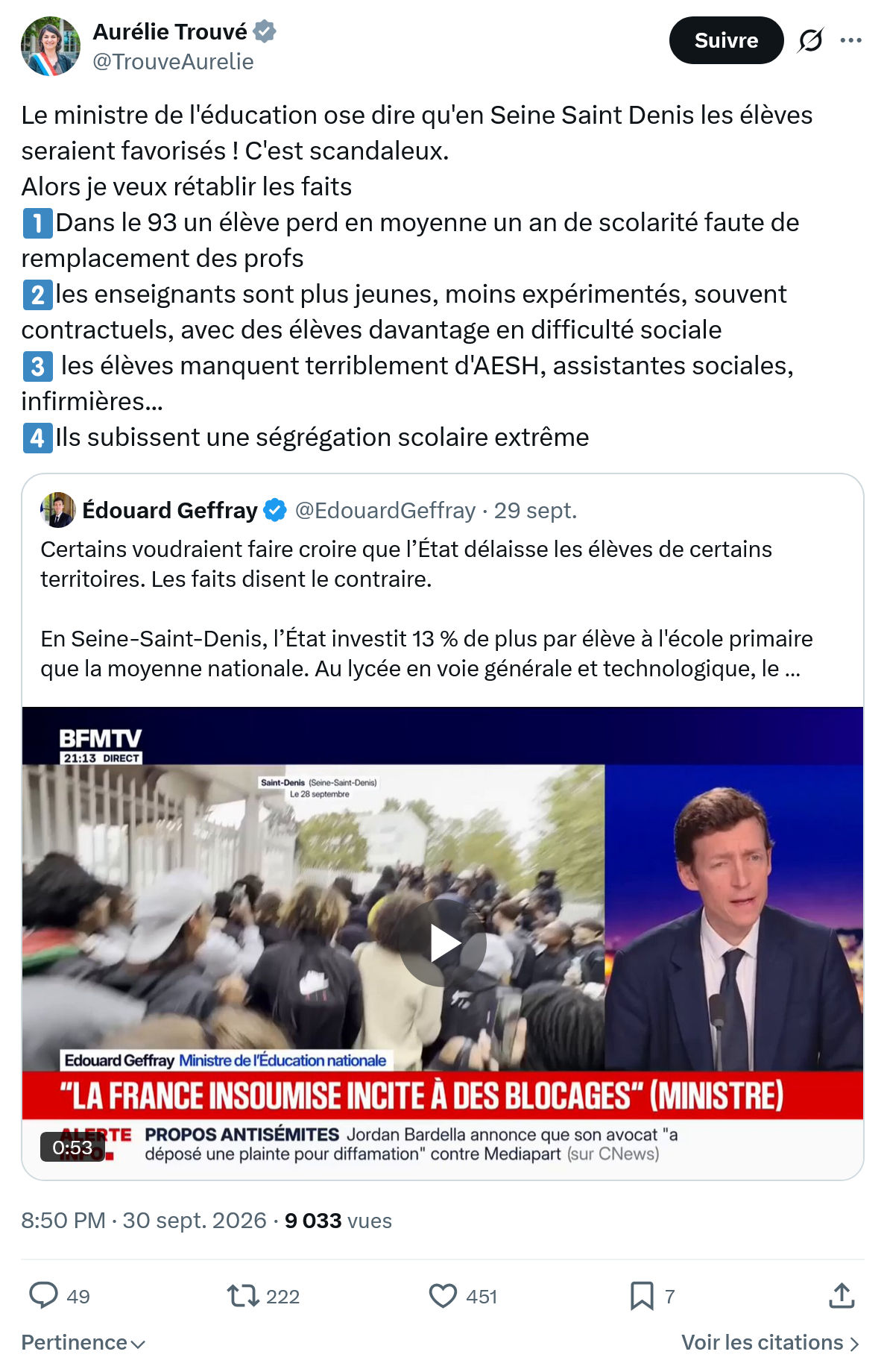 Aurélie Trouvé: Le ministre de l'éducation...
