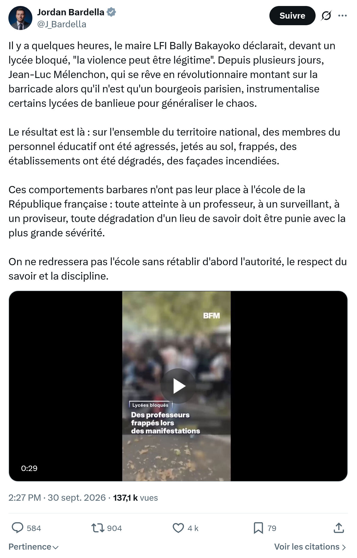 Jordan Bardella: Il y a quelques heures...
