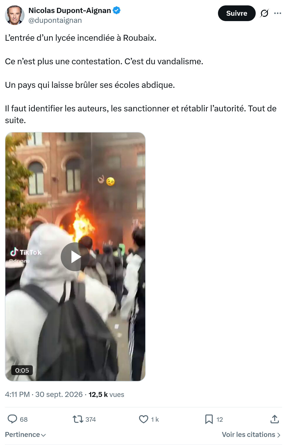 Nicolas Dupont-Aignan: L’entrée d’un lycée incendiée...
