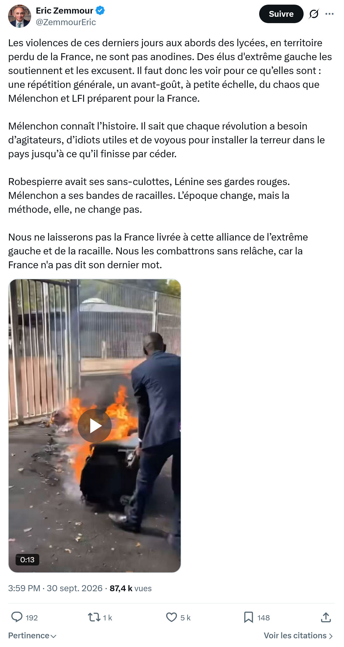 Eric Zemmour: Les violences de ces derniers...