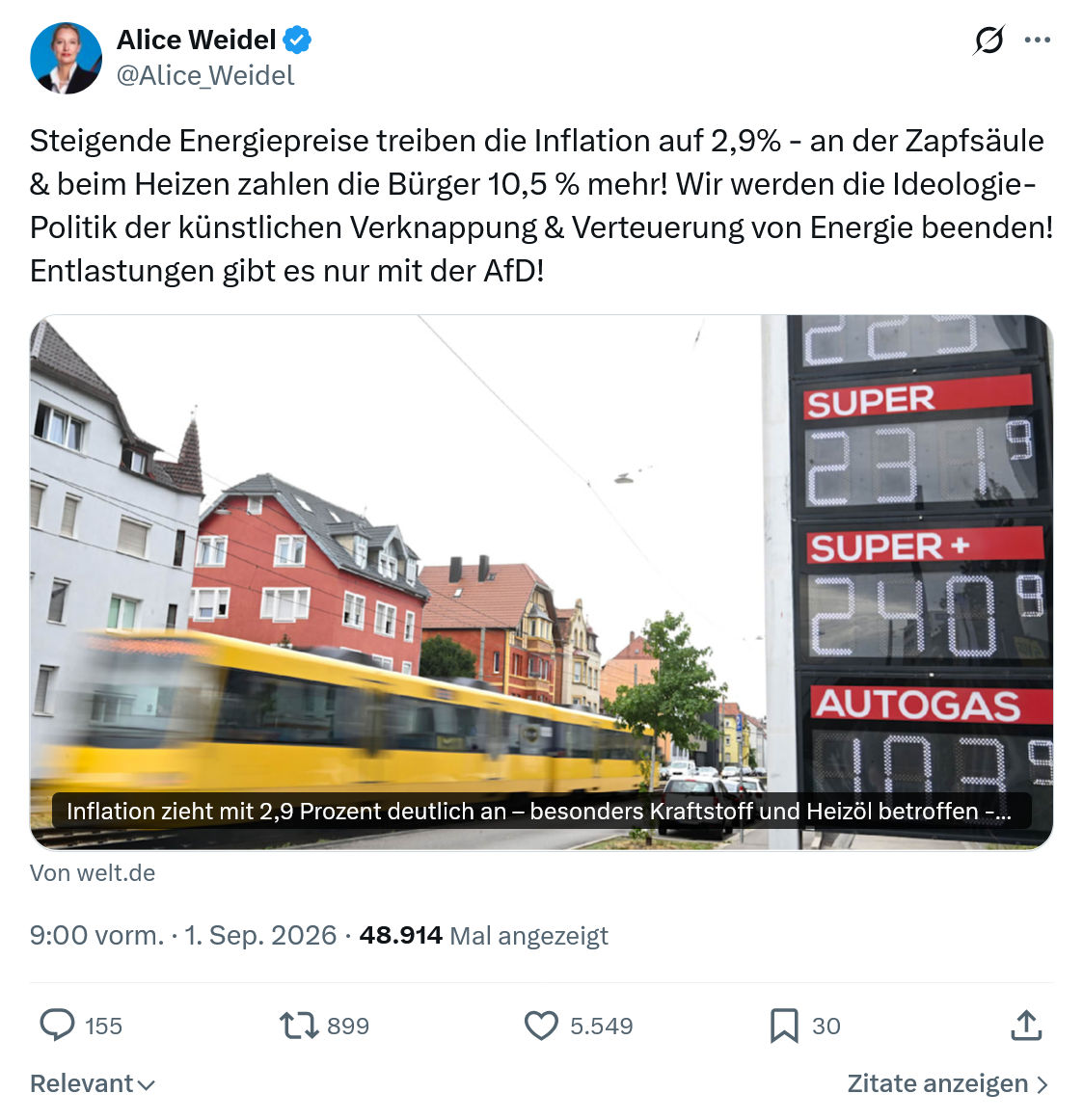 Alice Weidel: Steigende Energiepreise treiben die Inflation...