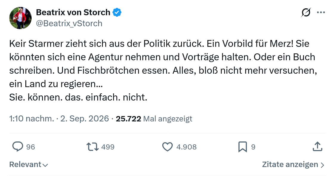 Beatrix von Storch: Keir Starmer zieht sich aus der...