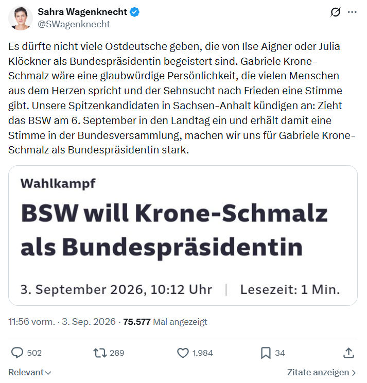 Sahra Wagenknecht: Es dürfte nicht viele Ostdeutsche geben...