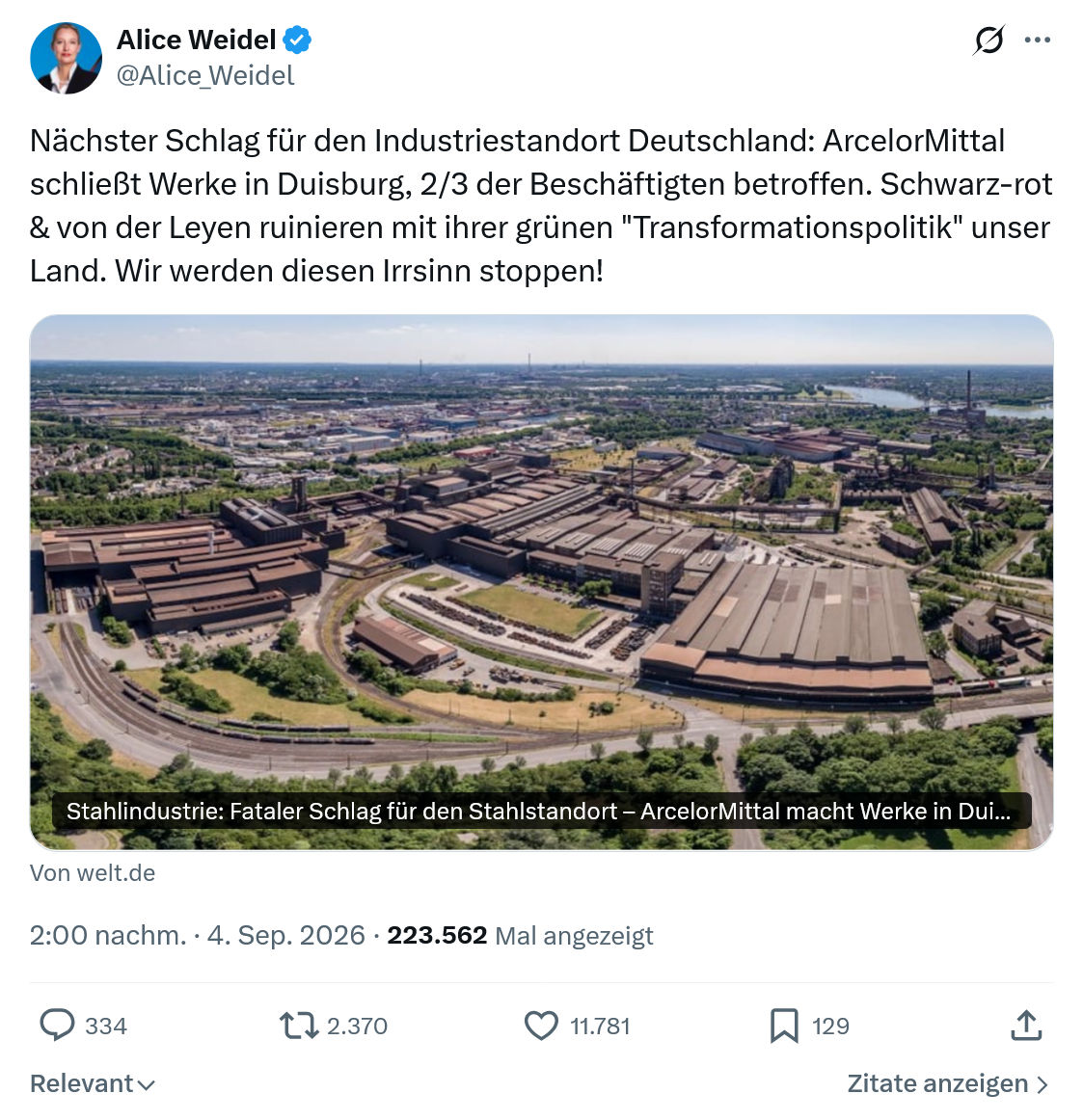 Alice Weidel: Nächster Schlag für den Industriestandort...