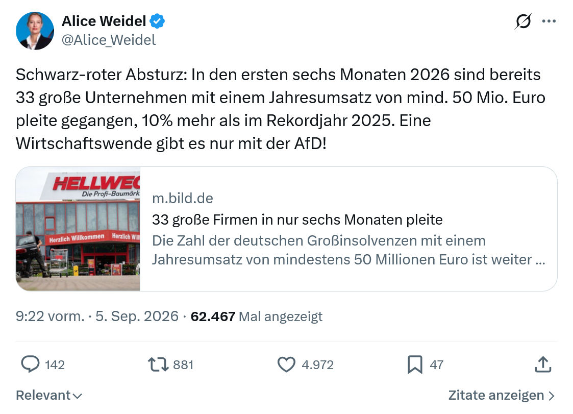 Alice Weidel: Schwarz-roter Absturz: In den ersten sechs...