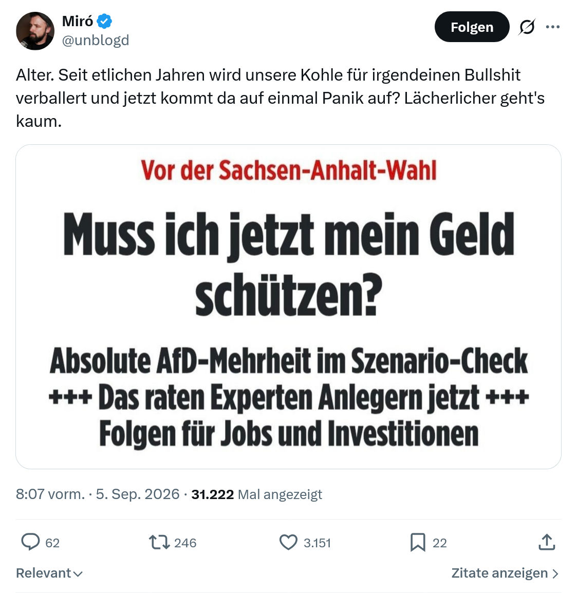 Miro Wolsfeld: Alter. Seit etlichen Jahren...