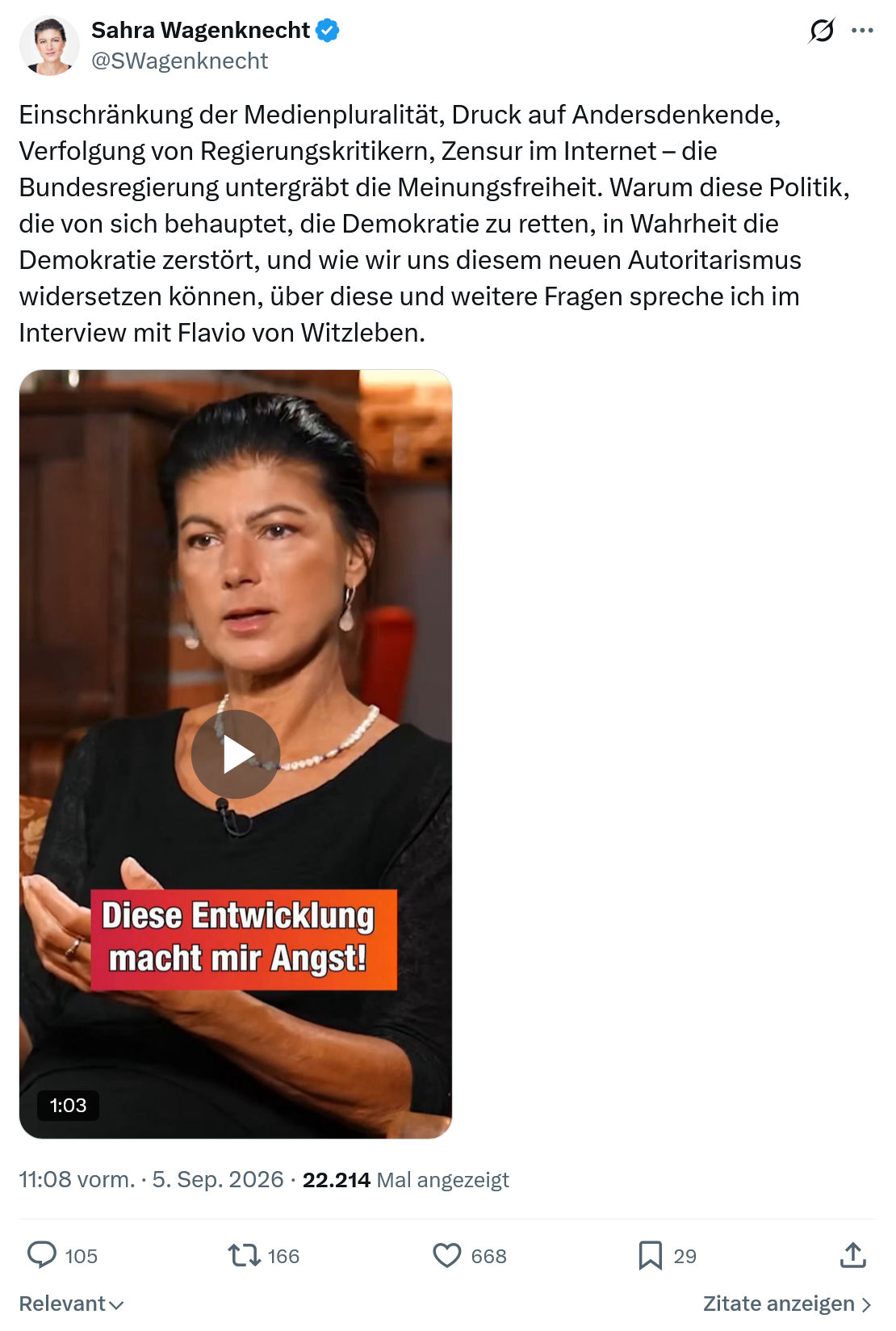 Sahra Wagenknecht: Einschränkung der Medienpluralität...