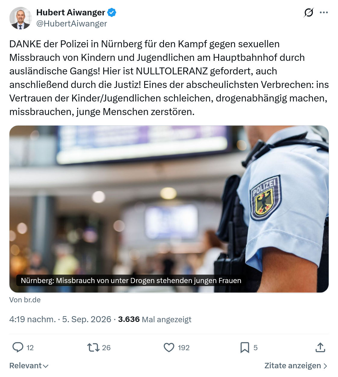 Hubert Aiwanger: DANKE der Polizei in Nürnberg...