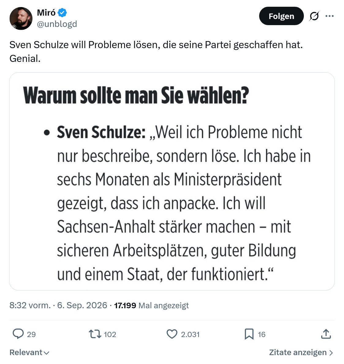 Miro Wolsfeld: Sven Schulze will Probleme...