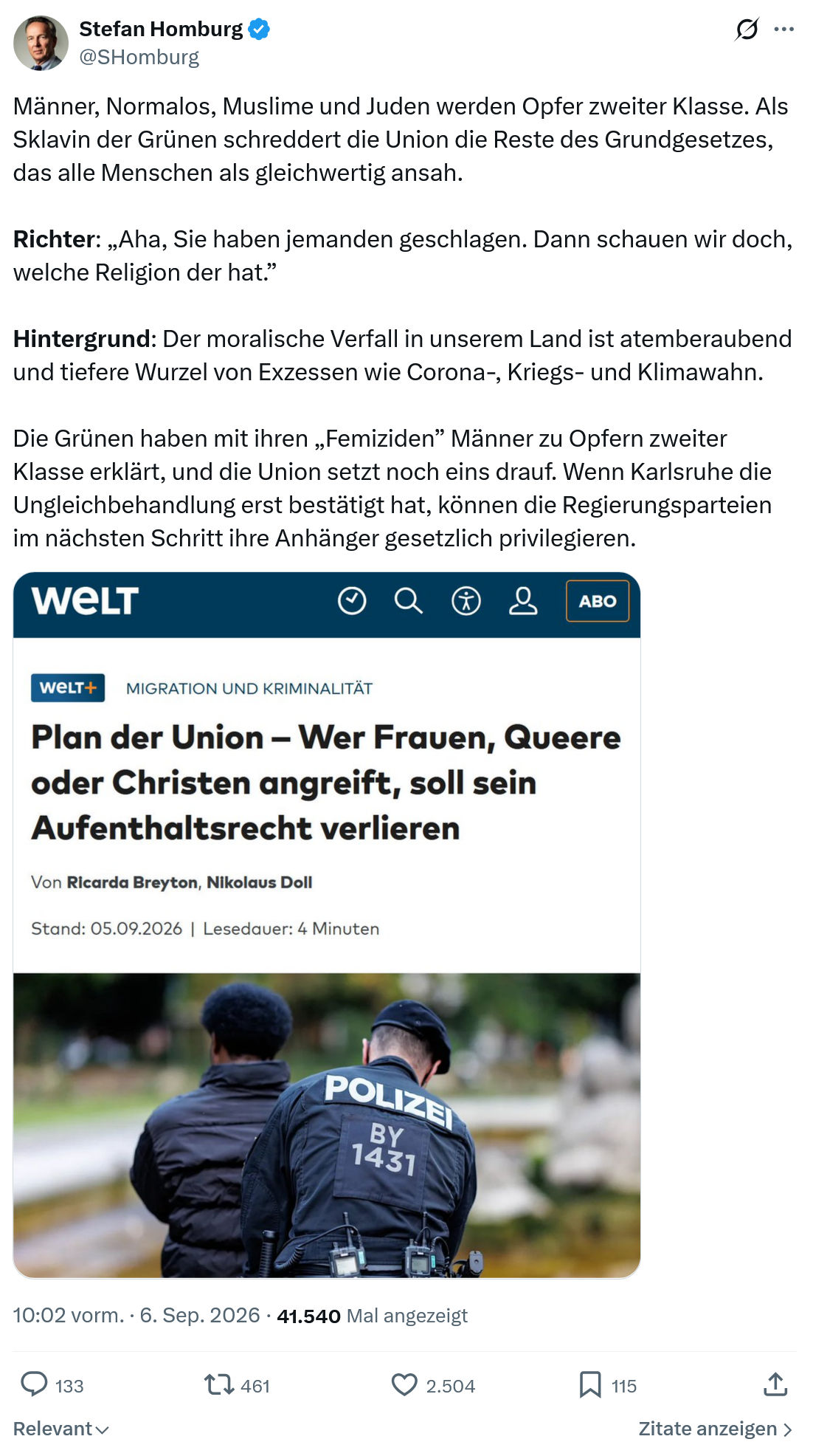 Stefan Homburg: Männer, Normalos, Muslime und Juden...