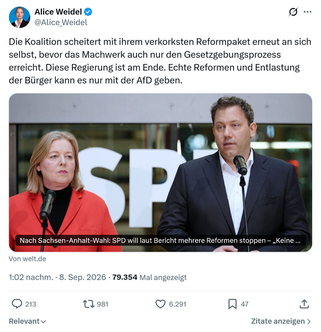 Alice Weidel: Die Koalition scheitert mit ihrem verkorksten...