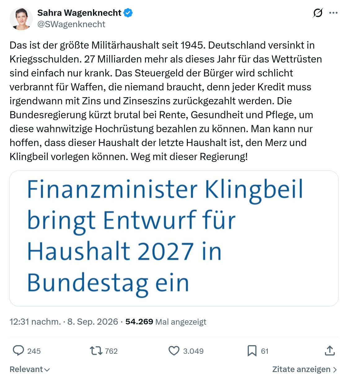 Sahra Wagenknecht: Das ist der größte Militärhaushalt...