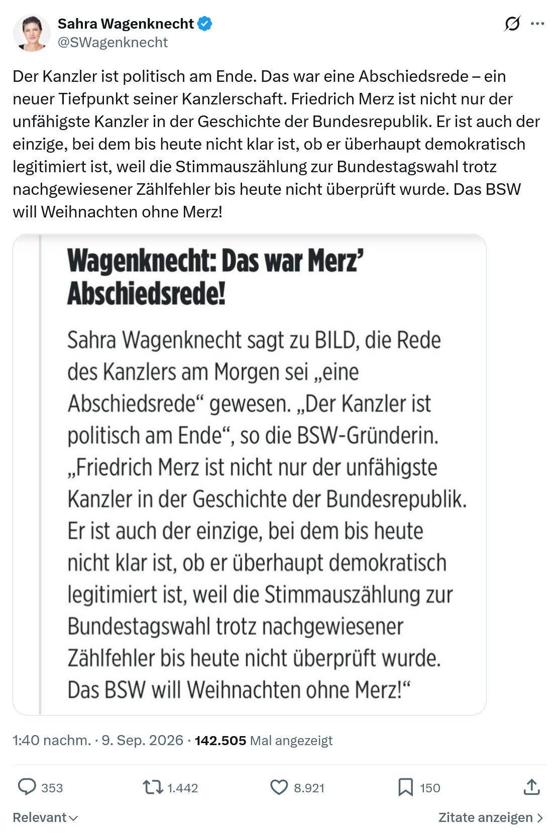 Sahra Wagenknecht: Der Kanzler ist politisch am Ende...