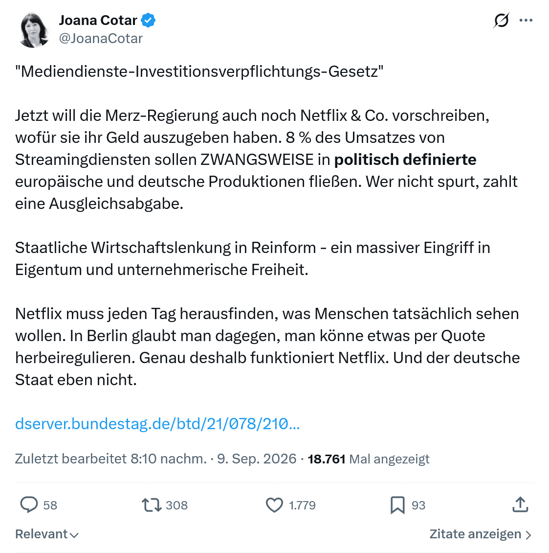 Joana Cotar: "Mediendienste-Investitionsverpflichtungs-Gesetz"...