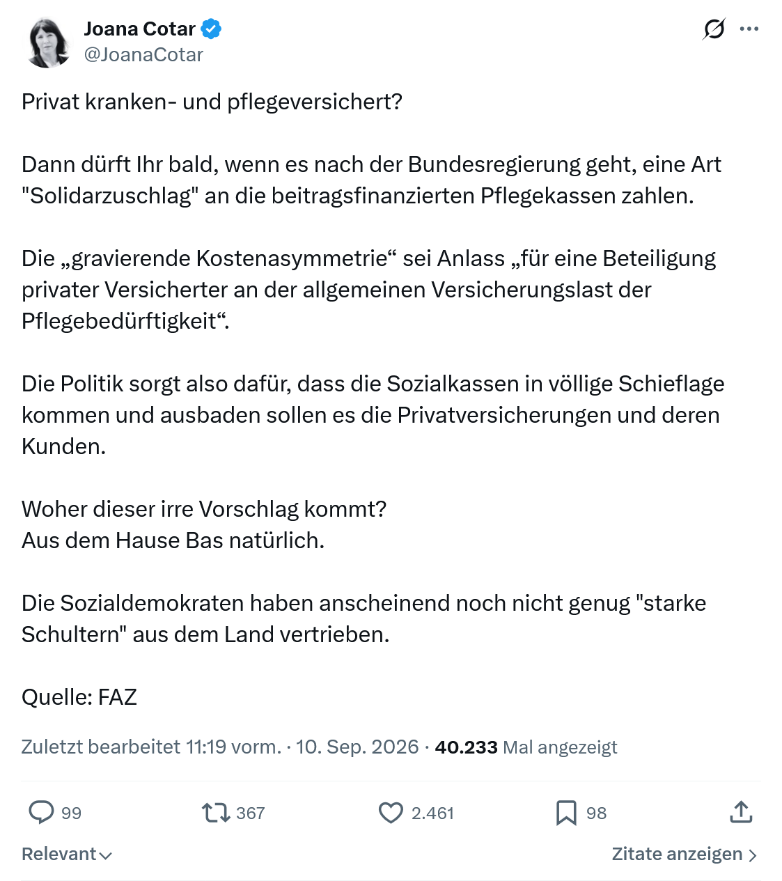 Joana Cotar: Privat kranken...