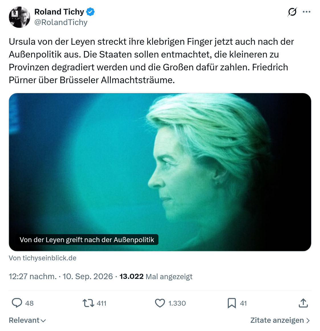 Roland Tichy: Ursula von der Leyen streckt...