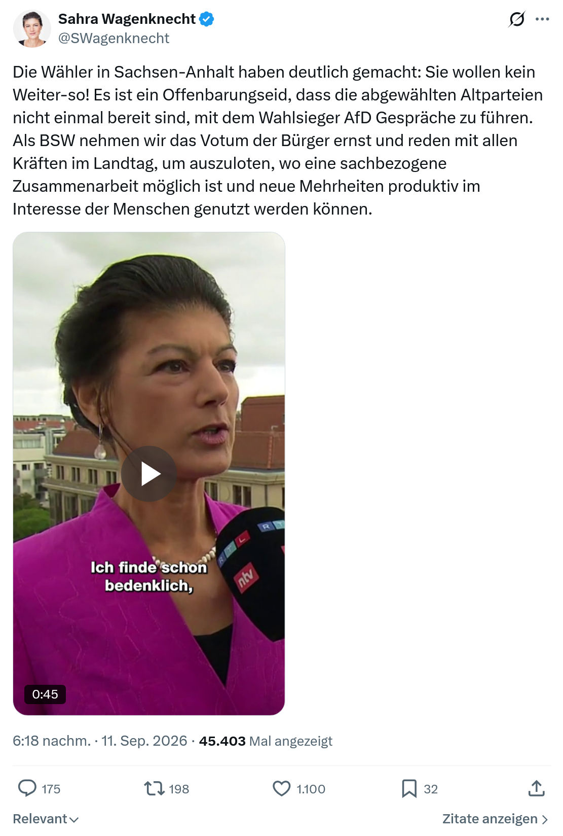 Sahra Wagenknecht: Die Wähler in Sachsen-Anhalt...