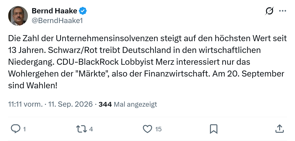 Bernd Haake: Die Zahl der Unternehmensinsolvenzen...