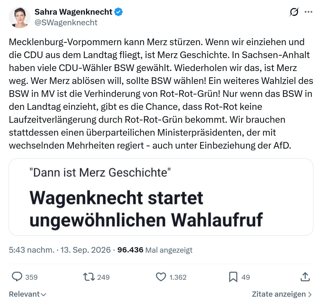 Sahra Wagenknecht: Mecklenburg-Vorpommern kann Merz...
