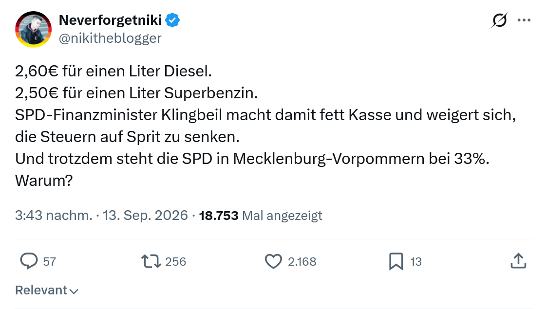 Neverforgetniki: 2,60€ für einen Liter Diesel...