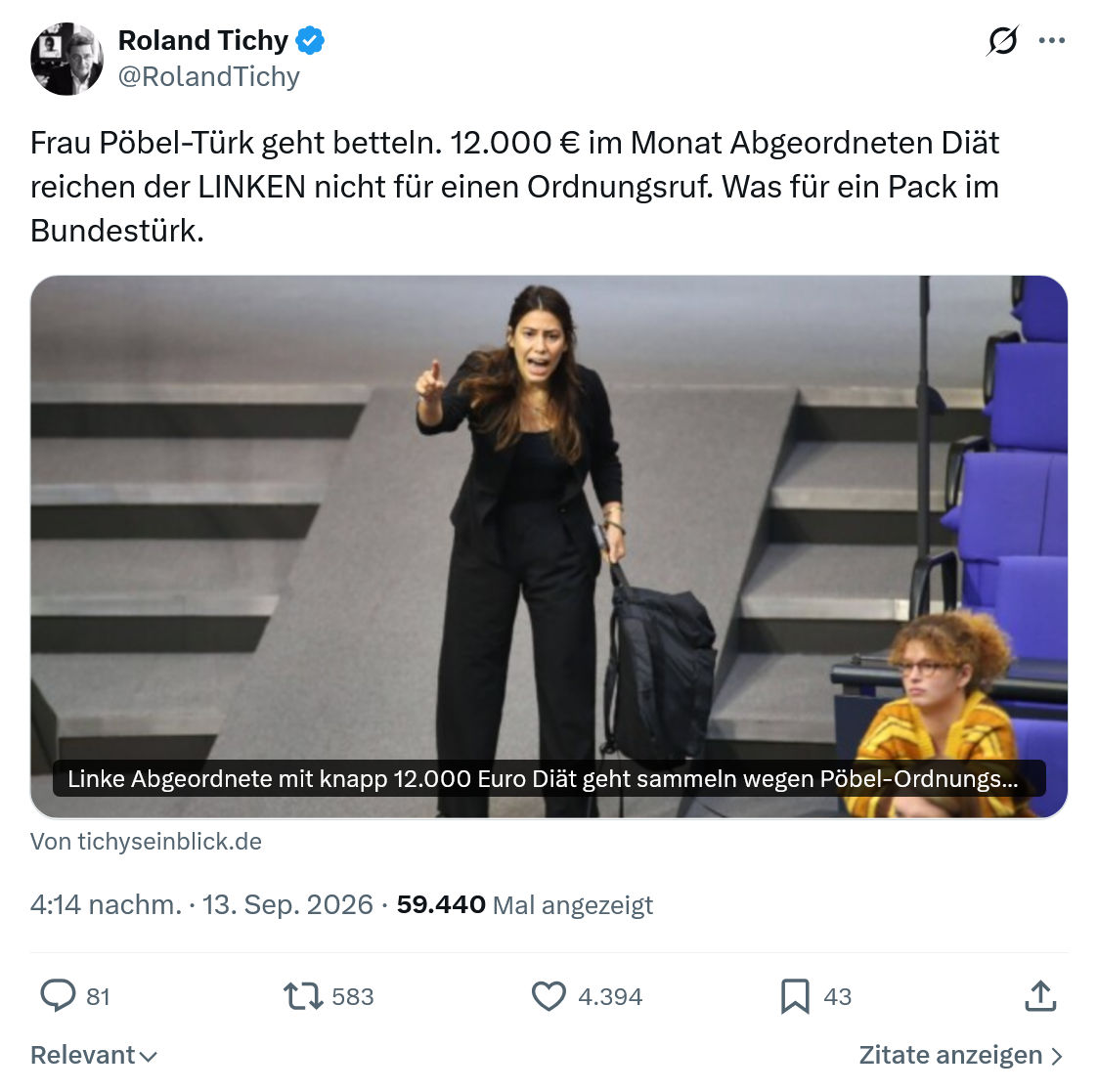 Roland Tichy: Frau Pöbel-Türk geht betteln...