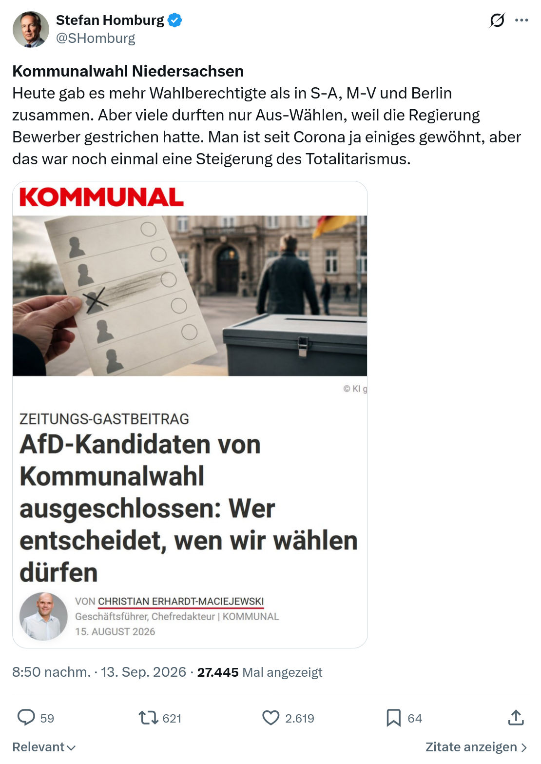 Stefan Homburg: Kommunalwahl Niedersachsen...