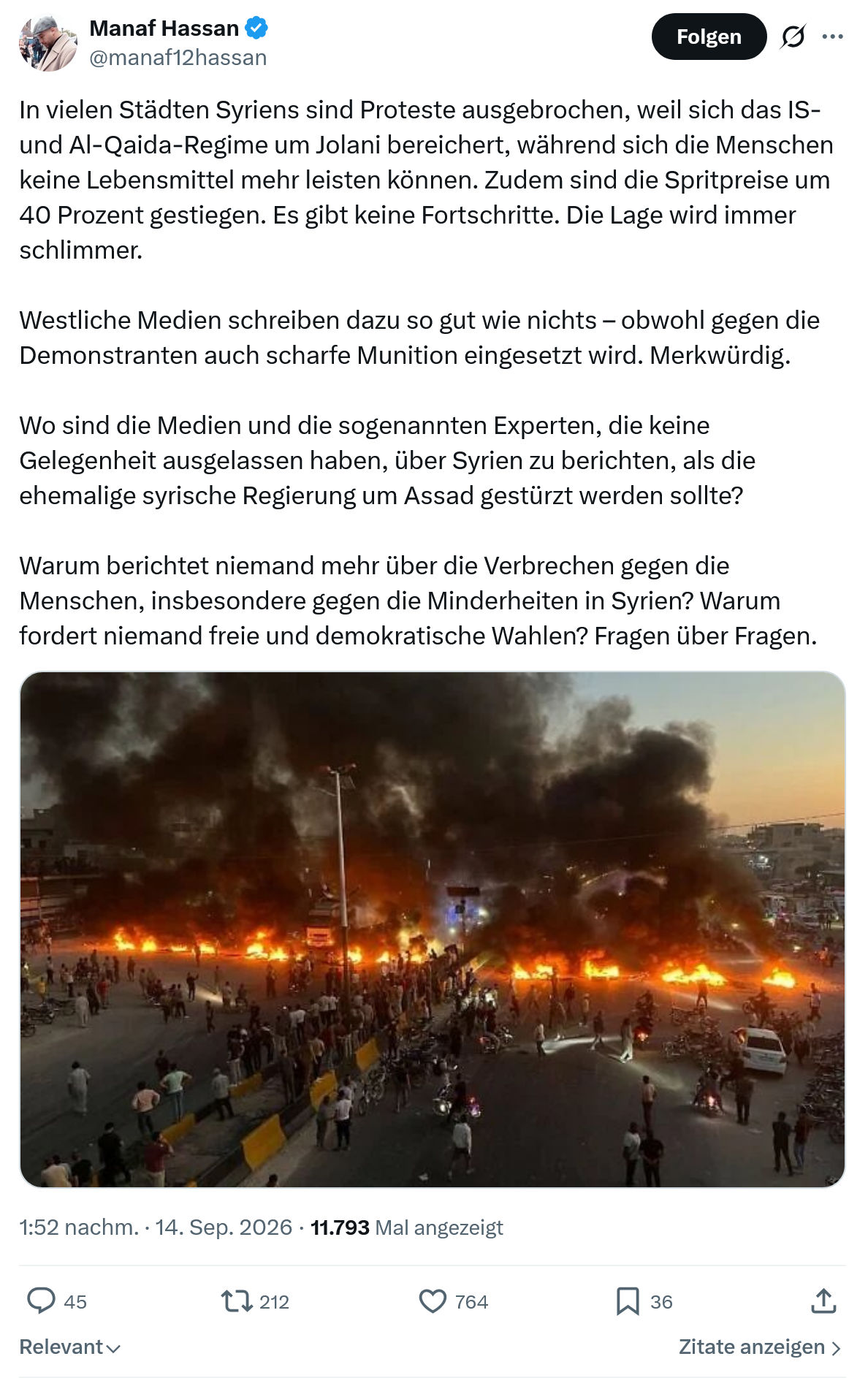 Manaf Hassan: In vielen Städten Syriens sind Proteste...