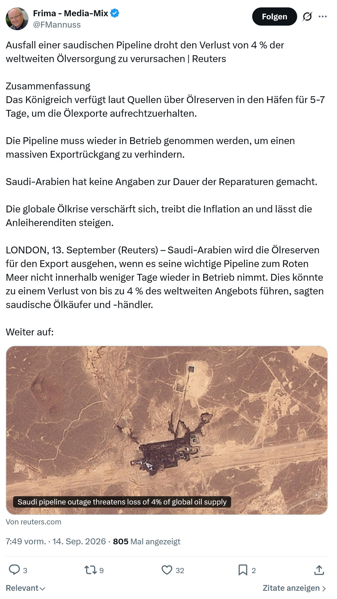 Friedrich Mannus: Ausfall einer saudischen Pipeline...