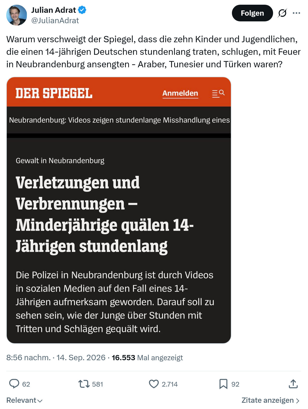 Julian Adrat: Warum verschweigt der Spiegel...