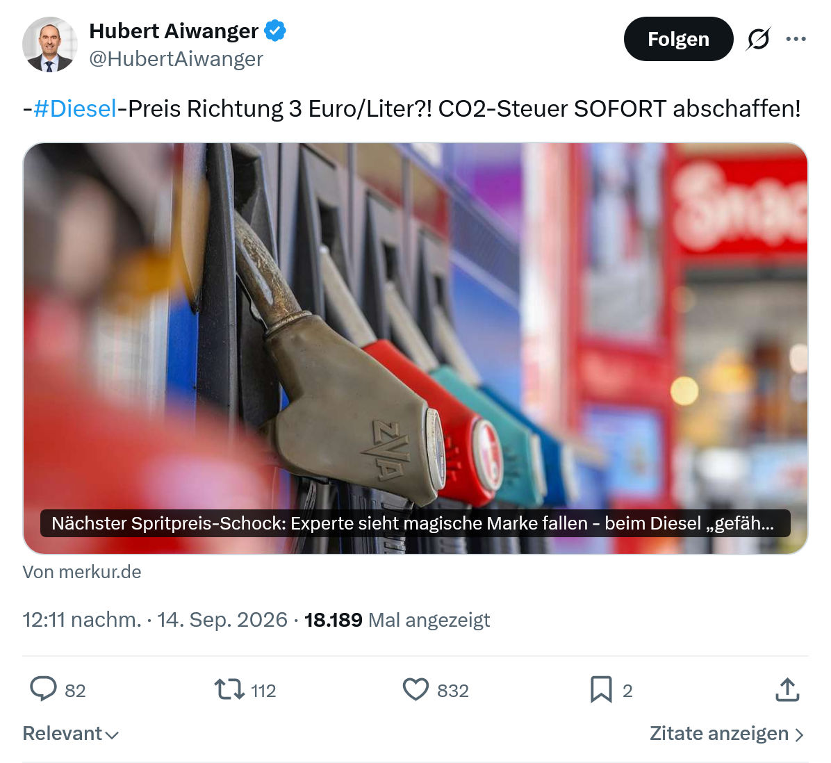 Hubert Aiwanger: #Diesel-Preis Richtung...