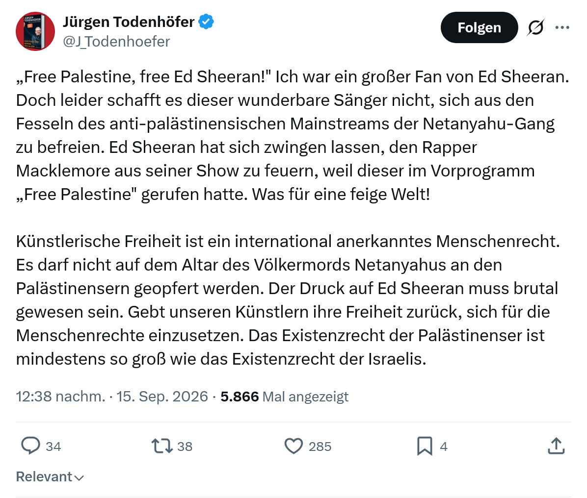 Jürgen Todenhöfer: „Free Palestine, free Ed Sheeran!"...