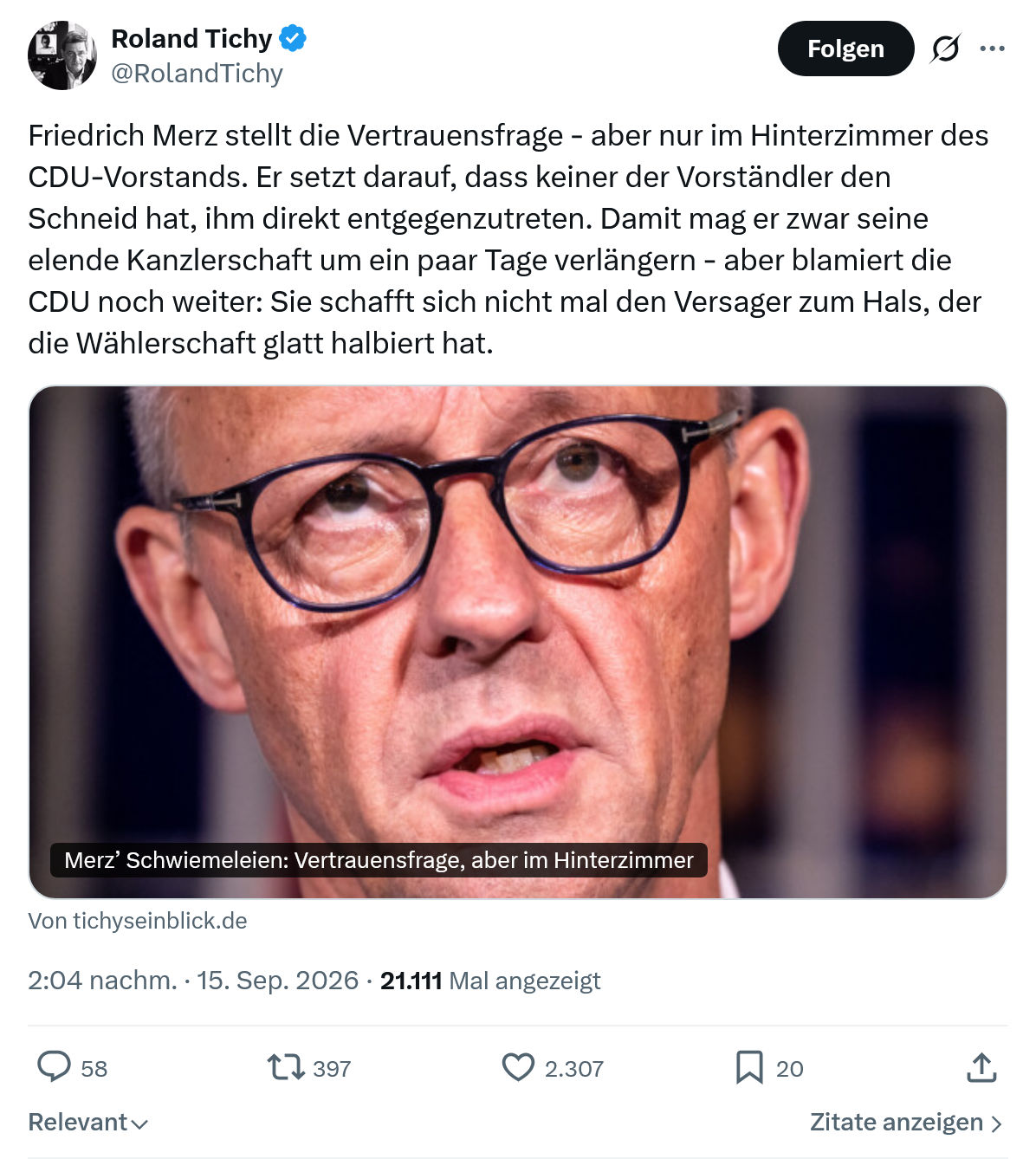 Roland Tichy: Friedrich Merz stellt die Vertrauensfrage...