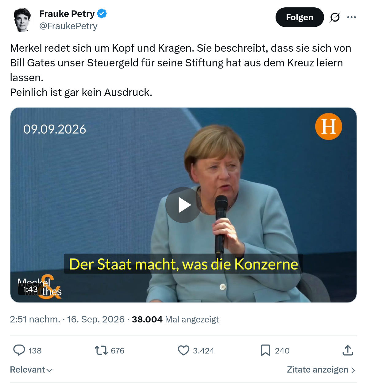 Frauke Petry: Merkel redet sich um Kopf...