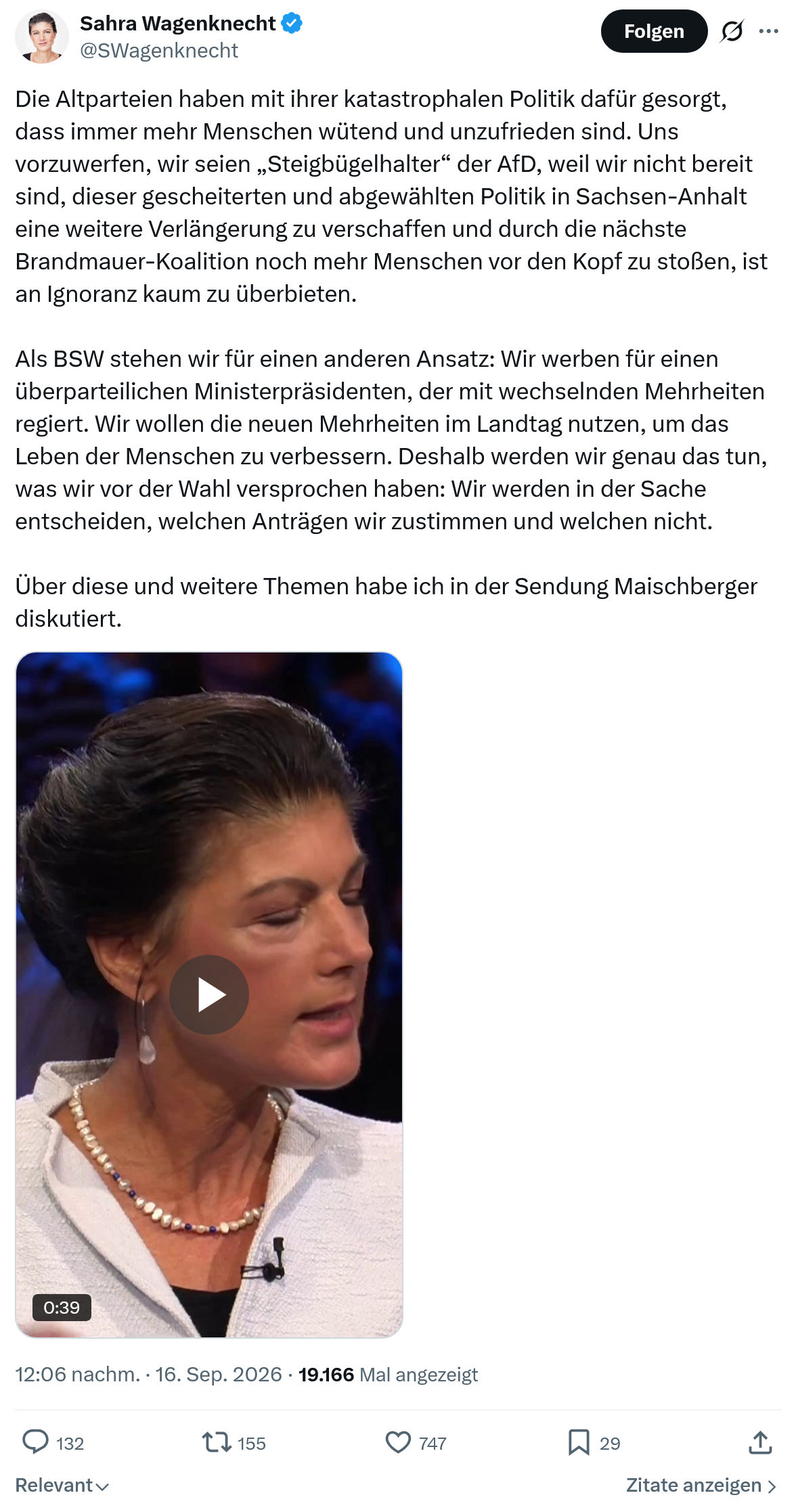 Sahra Wagenknecht: Die Altparteien haben mit ihrer...