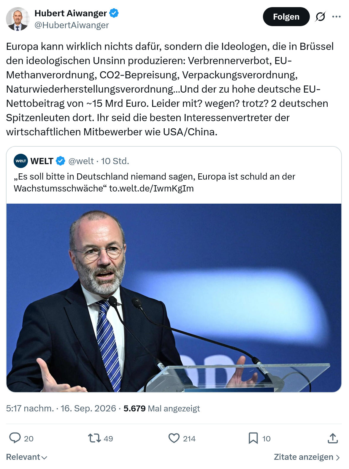 Hubert Aiwanger: Europa kann wirklich nichts dafür...