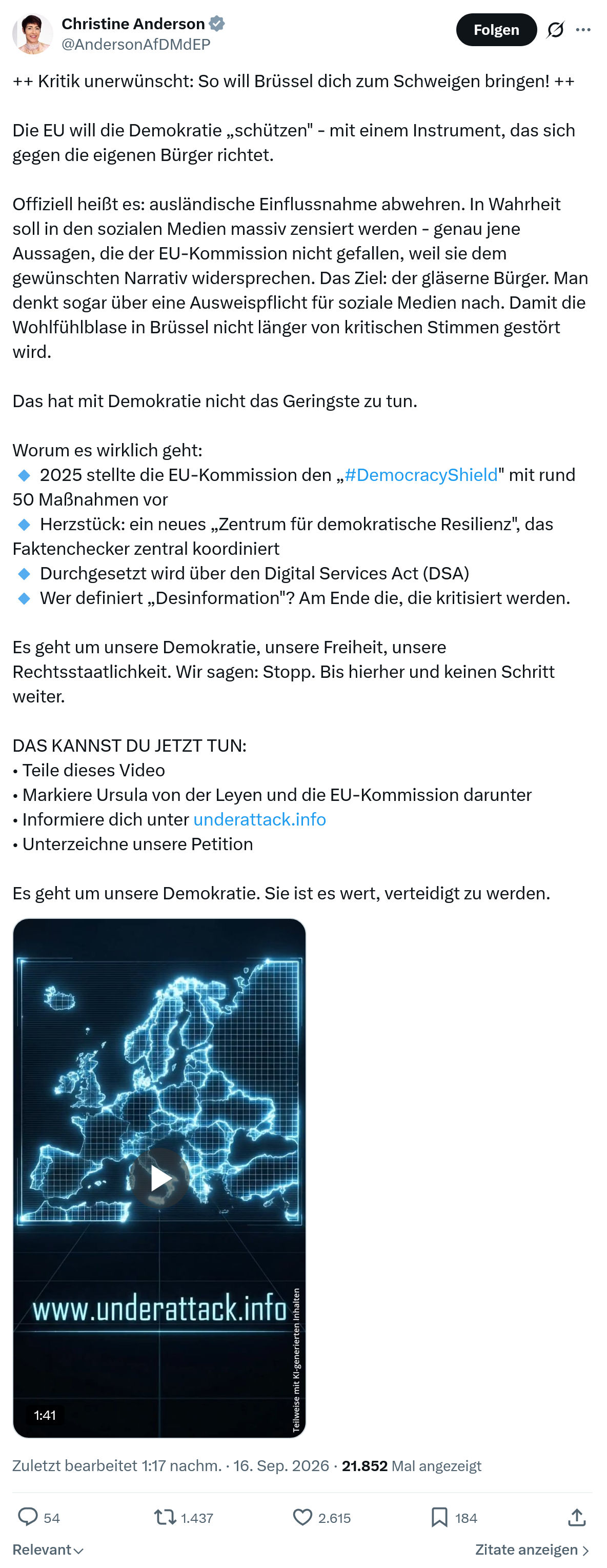 Christine Anderson: Kritik unerwünscht...