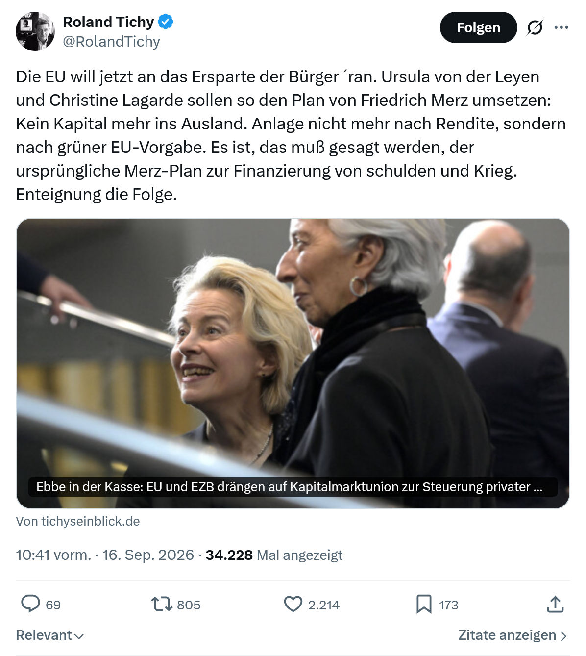 Roland Tichy: Die EU will jetzt an das Ersparte...