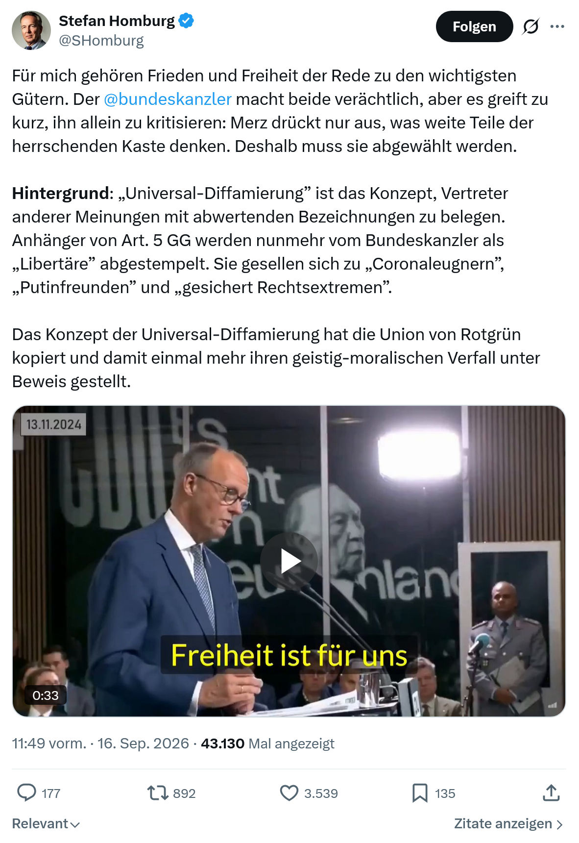 Stefan Homburg: Für mich gehören Frieden...