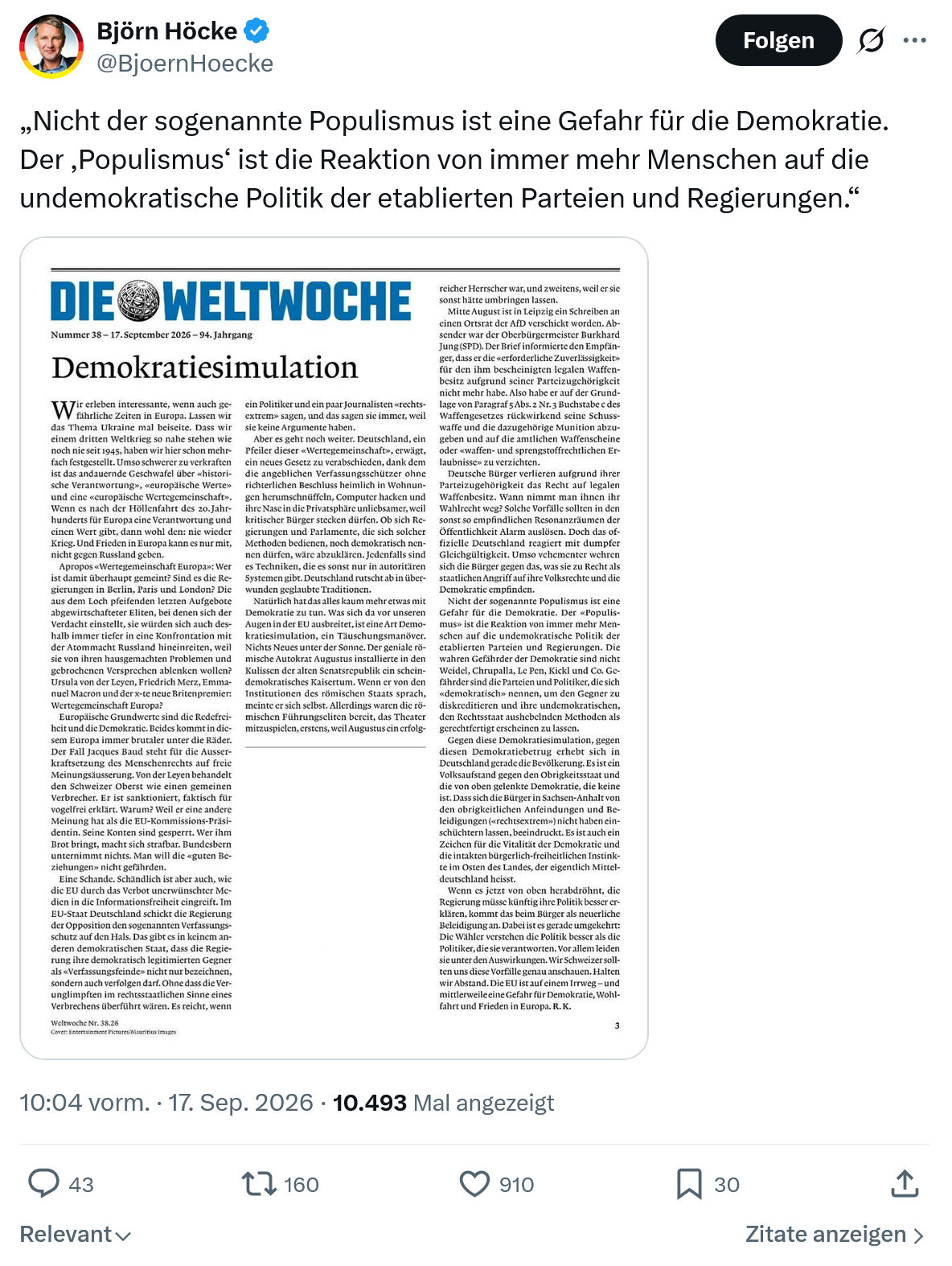 Björn Höcke: Nicht der sogenannte Populismus...